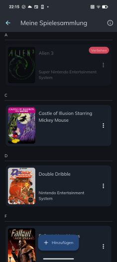 In der Listenansicht von My Video Game Collection ist auf einen Blick erkennbar, ob ein Spiel verliehen wurde. (Screenshot: My Video Game Collection / Medienagentur Plassma)